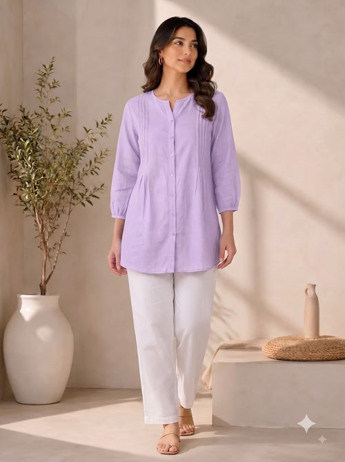 Lilac Pleated Cotton Tunic Top