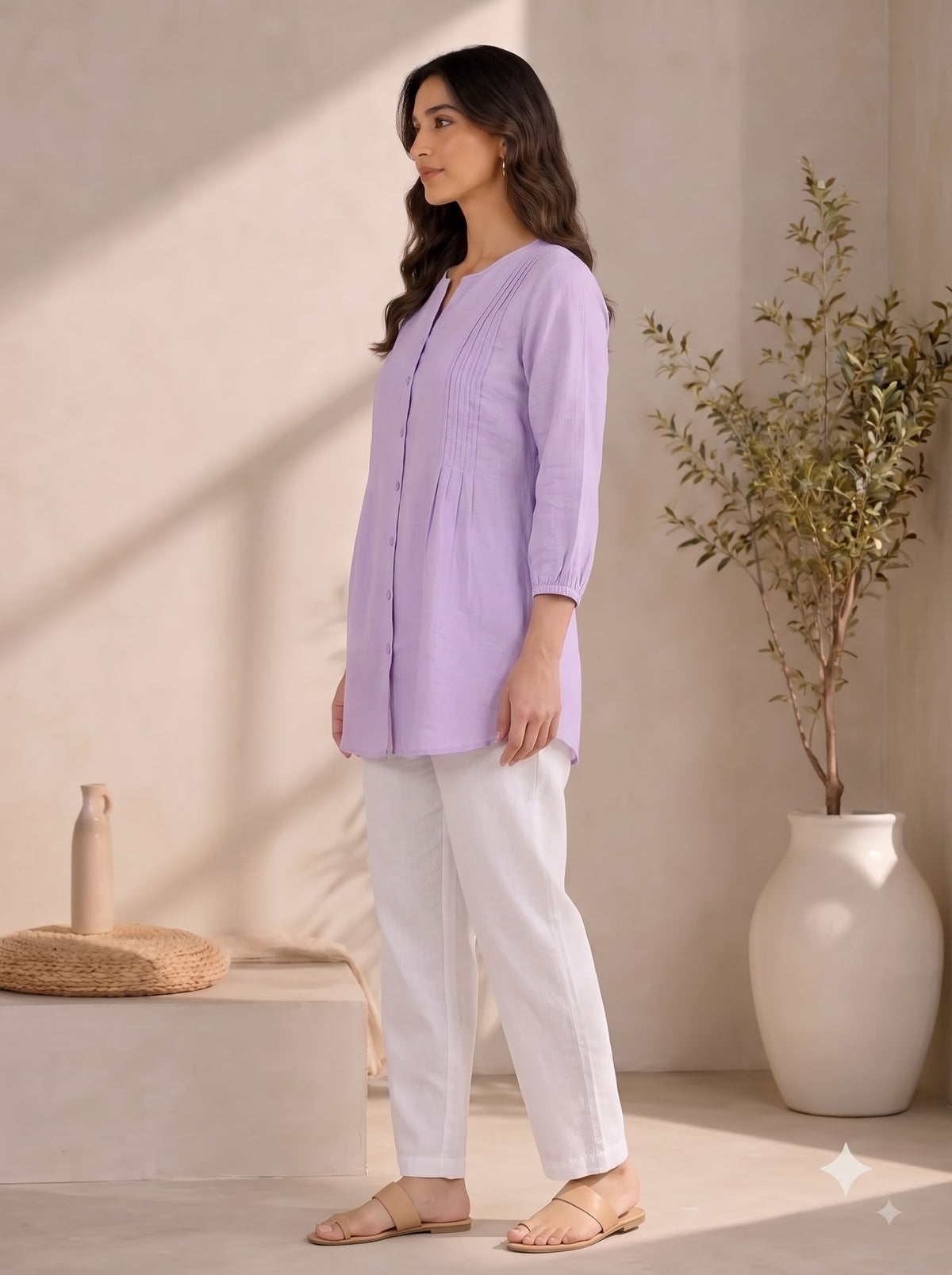 Lilac Pleated Cotton Tunic Top