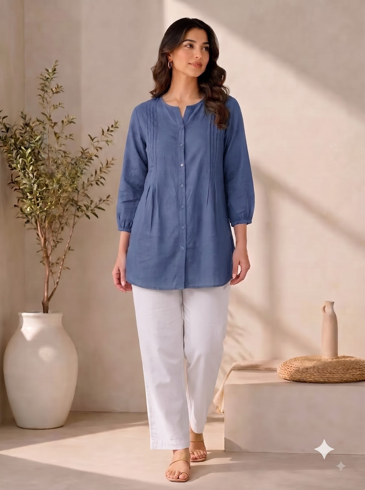 Slate Blue Pintuck Cotton Tunic