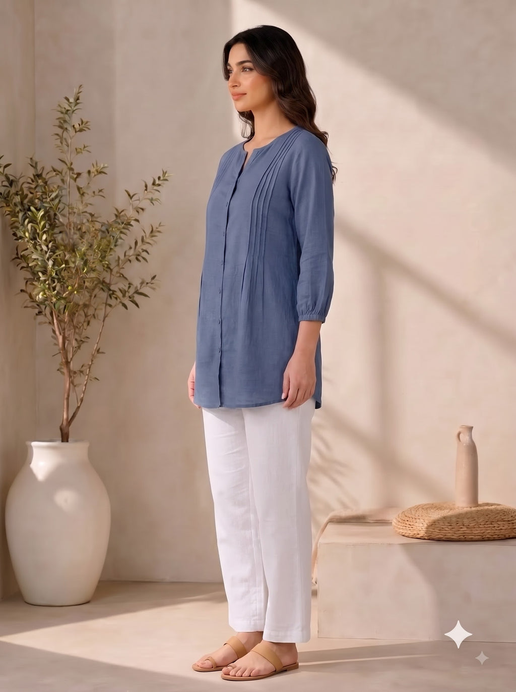 Slate Blue Pintuck Cotton Tunic