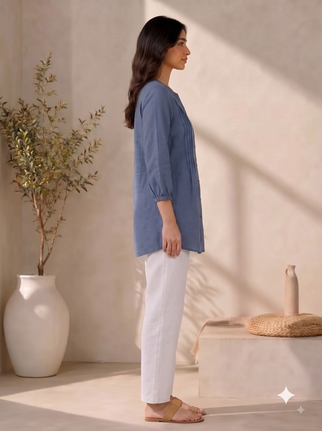Slate Blue Pintuck Cotton Tunic