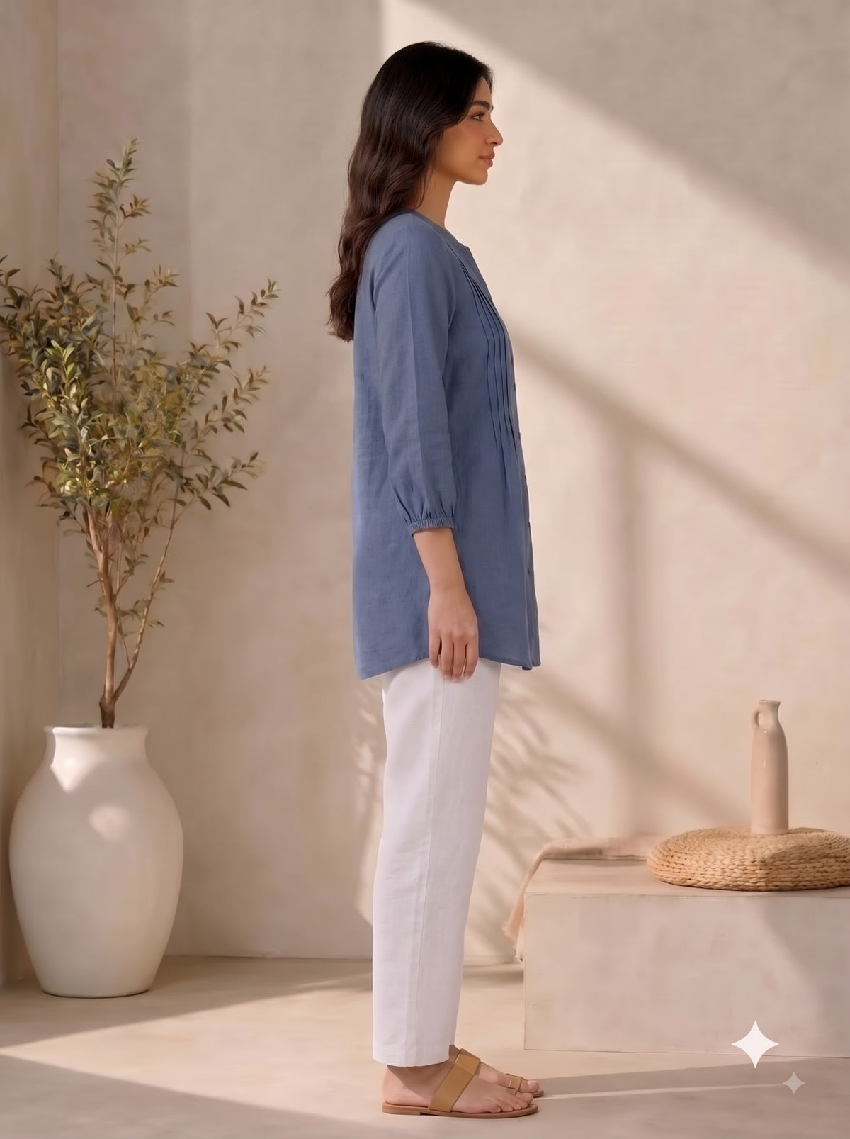 Slate Blue Pintuck Cotton Tunic