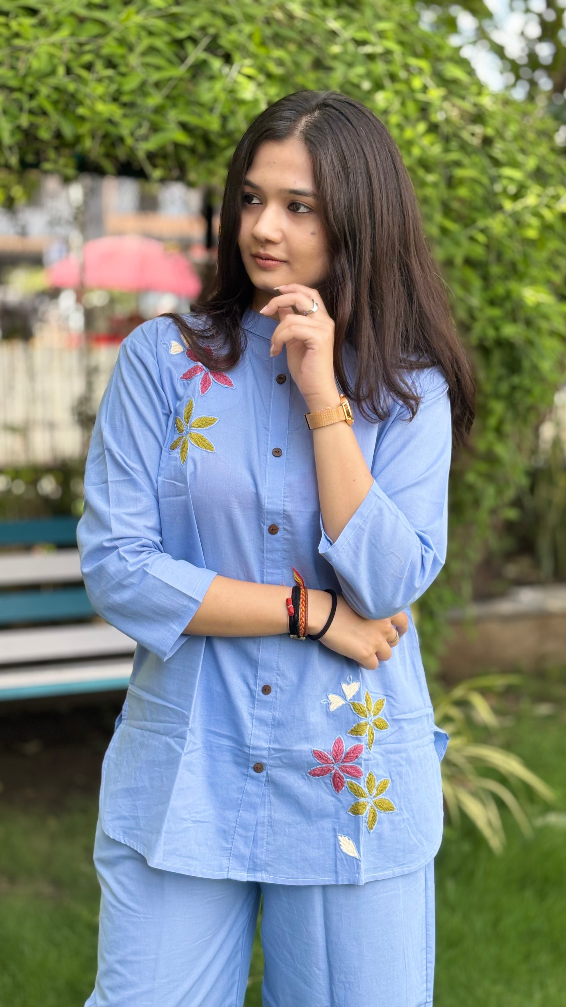 SKY BLUE COORDS WITH THREAD WORK