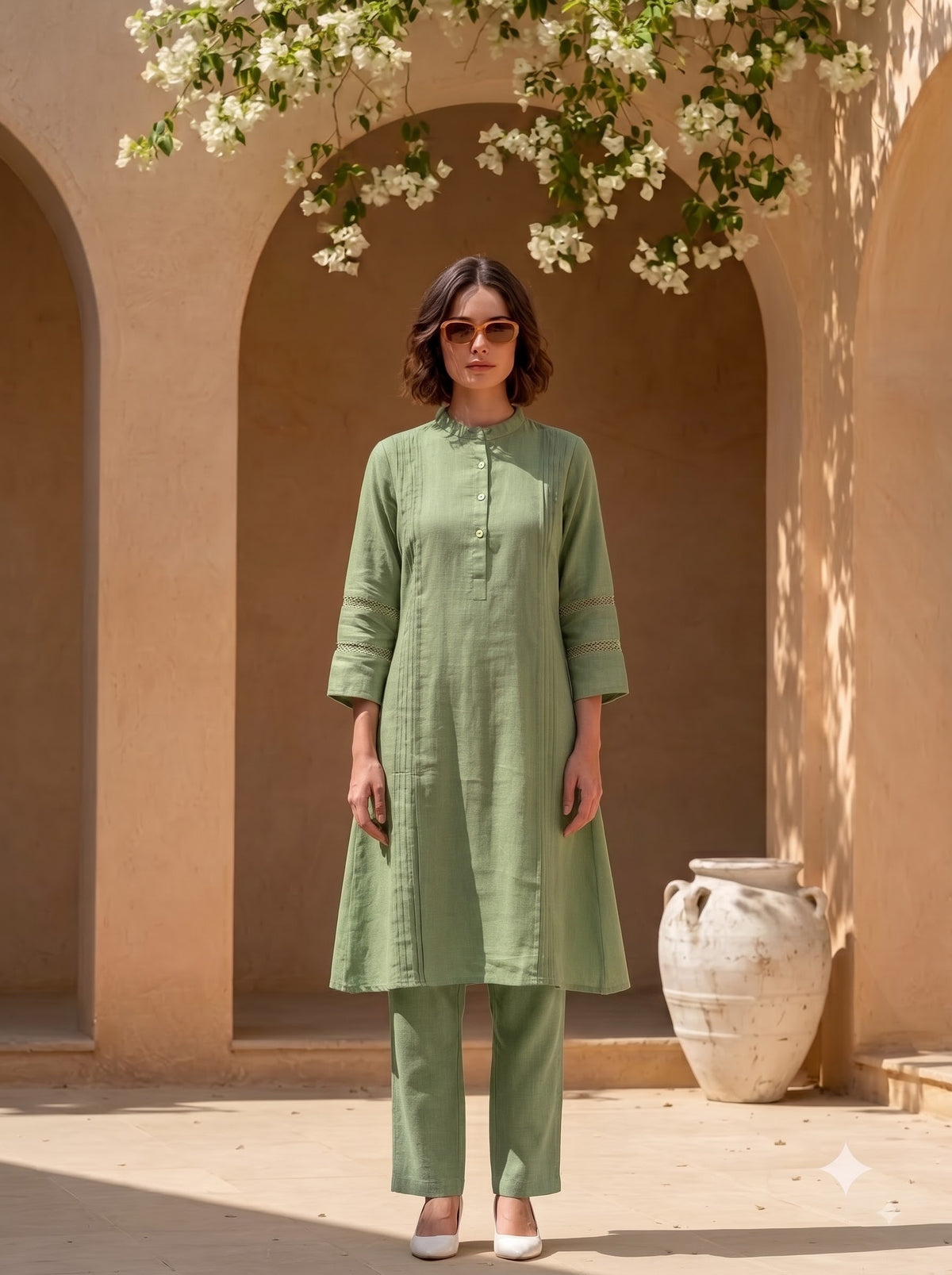 Sage Green Pintuck Kurta Set for Women