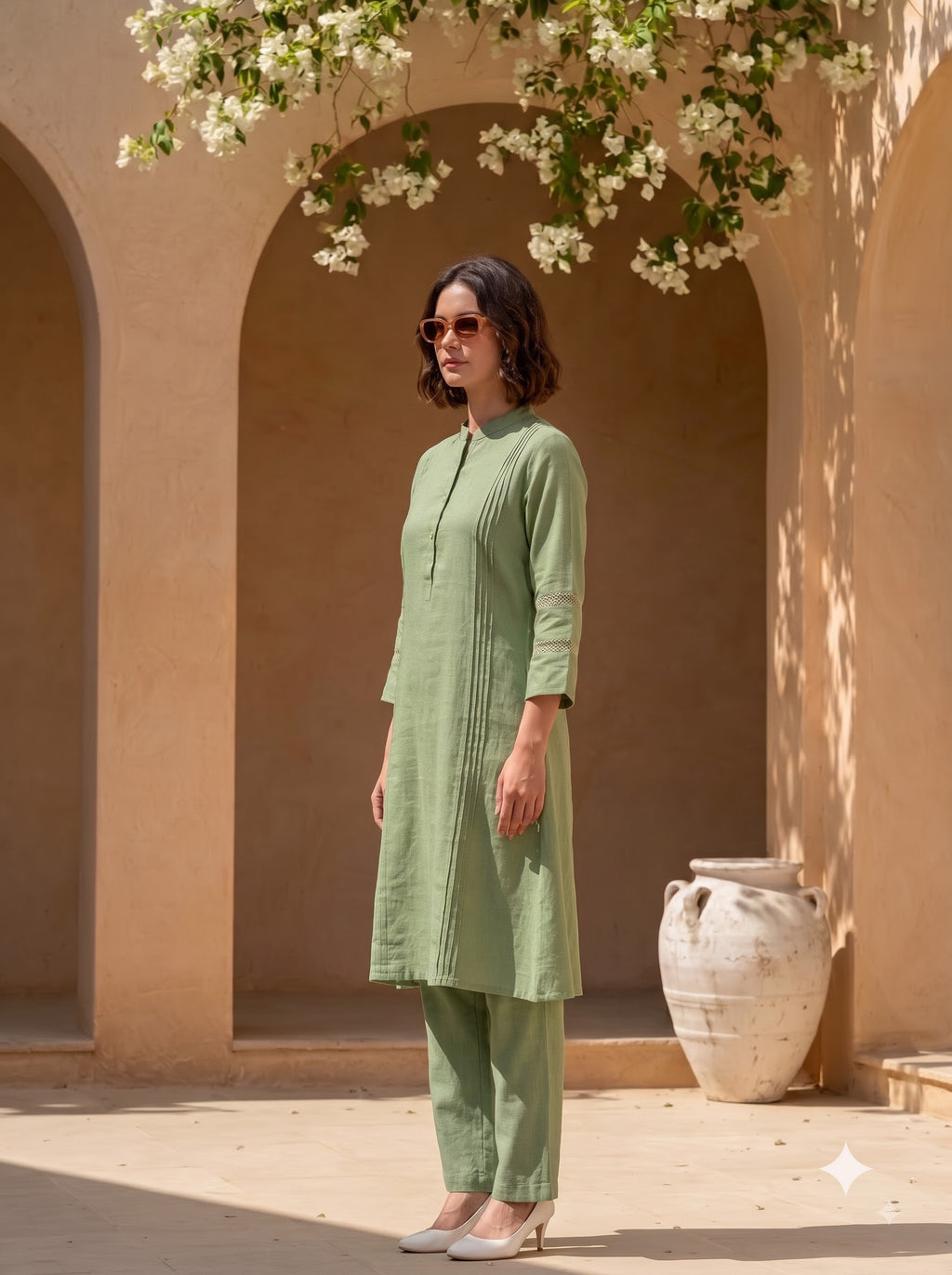 Sage Green Pintuck Kurta Set for Women