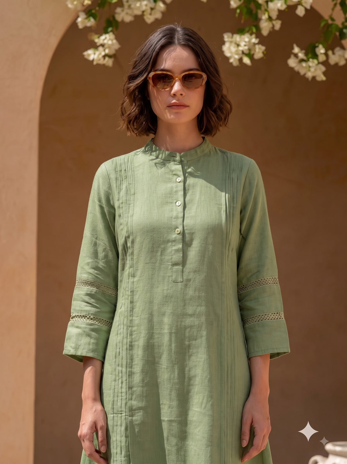 Sage Green Pintuck Kurta Set for Women