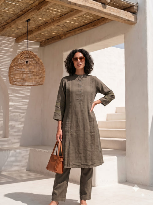 Brown Pintuck Kurta Set for Women