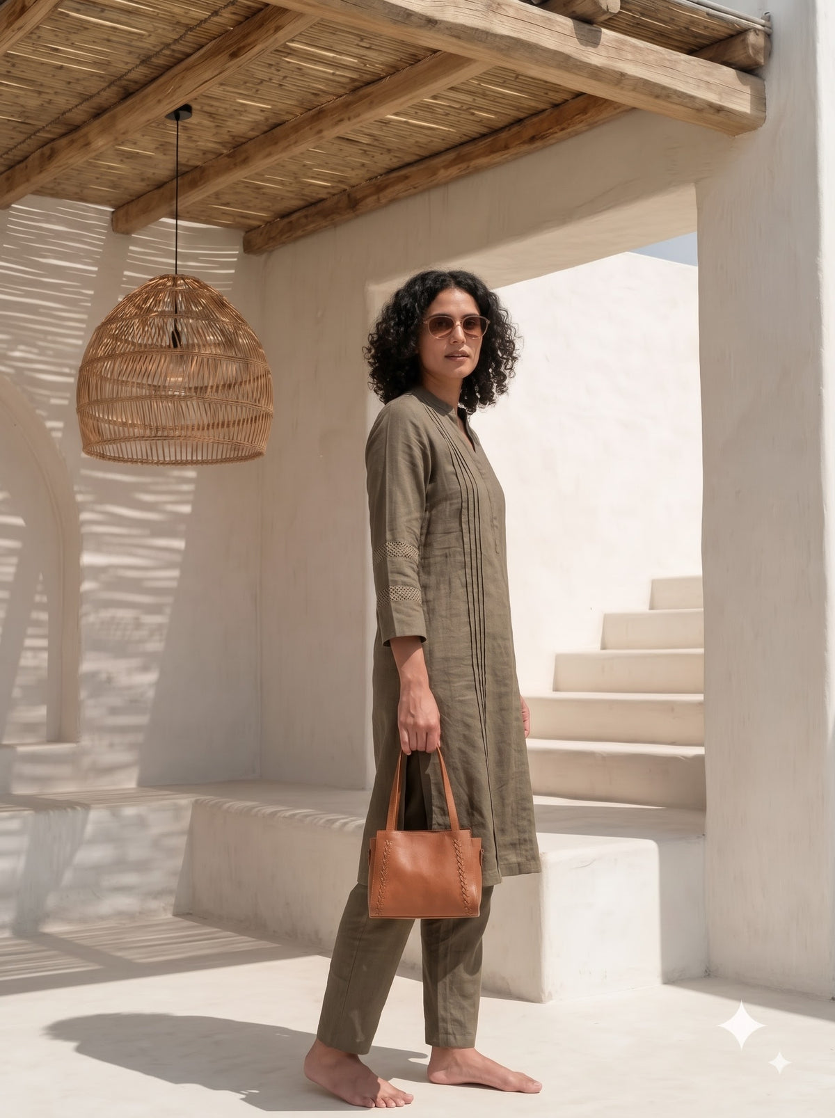 Brown Pintuck Kurta Set for Women