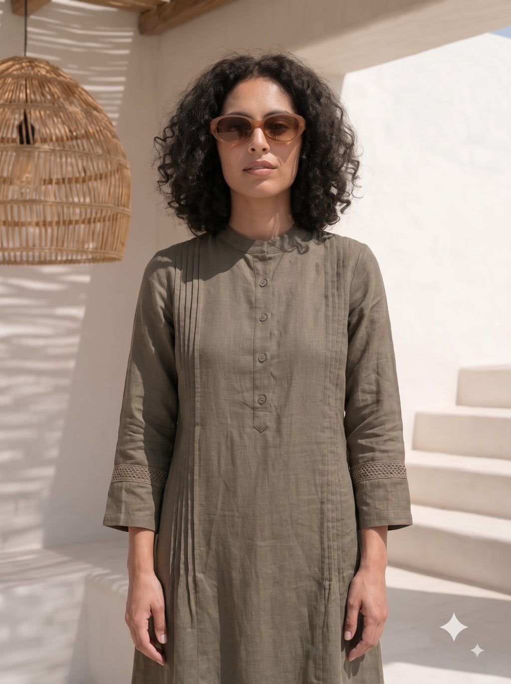Brown Pintuck Kurta Set for Women