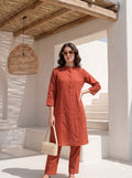 Rust Orange Pintuck Kurta Set for Women