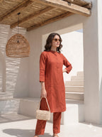 Rust Orange Pintuck Kurta Set for Women