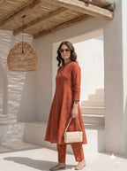 Rust Orange Pintuck Kurta Set for Women