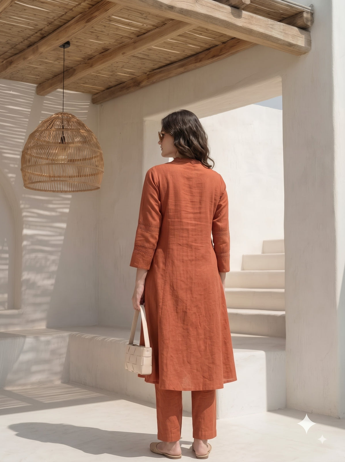 Rust Orange Pintuck Kurta Set for Women