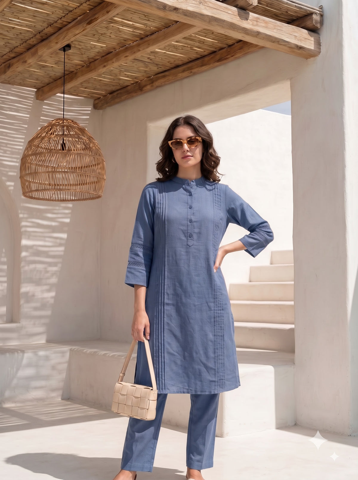 Women’s Dusty Blue Kurta Set with Straight Pants