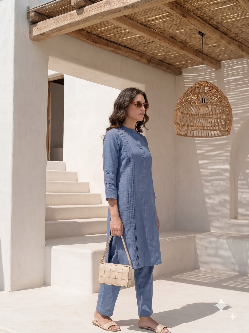 Women’s Dusty Blue Kurta Set with Straight Pants