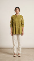 Women's Olive Green Pintuck A-Line Tunic Top