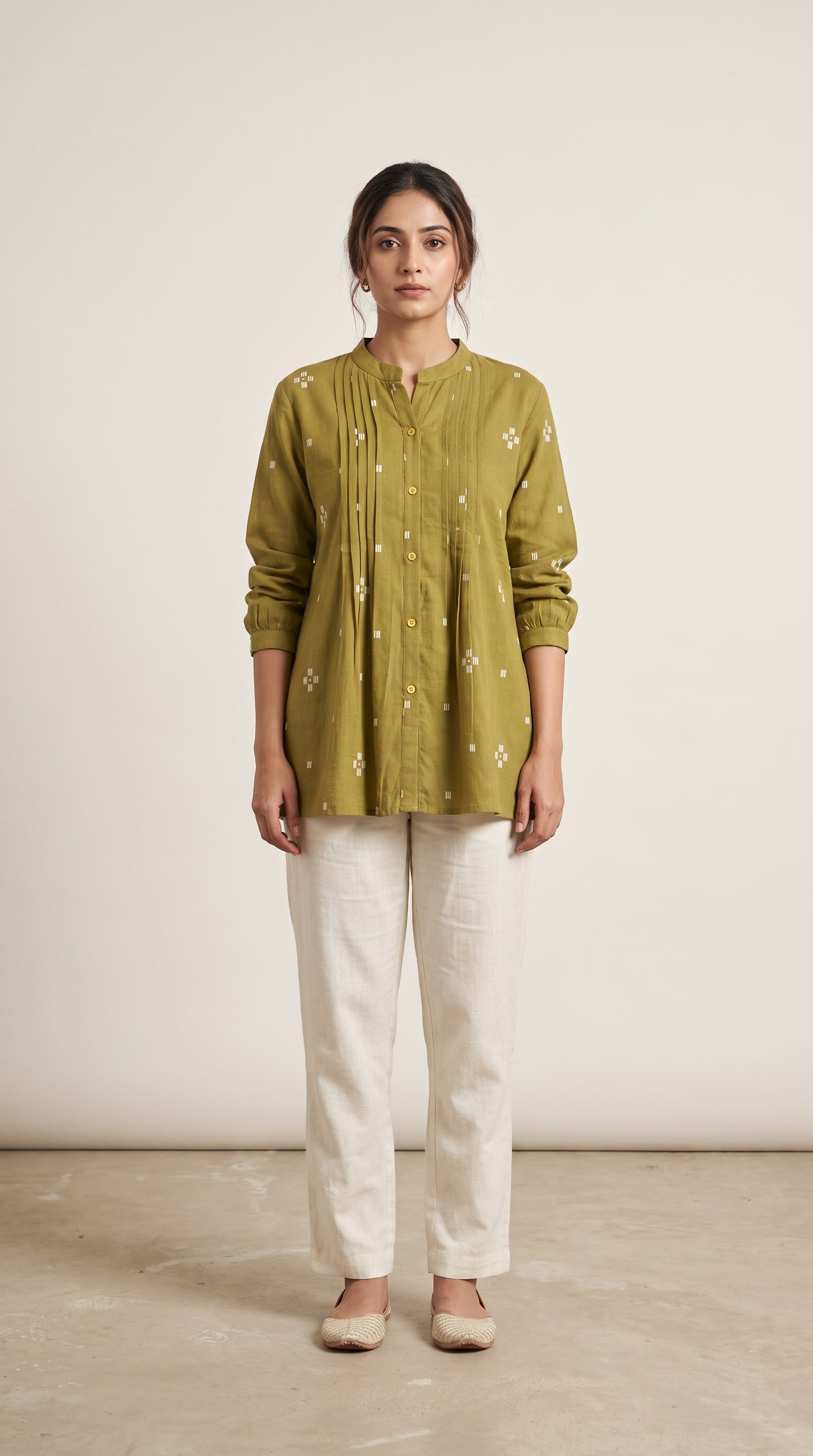 Women's Olive Green Pintuck A-Line Tunic Top