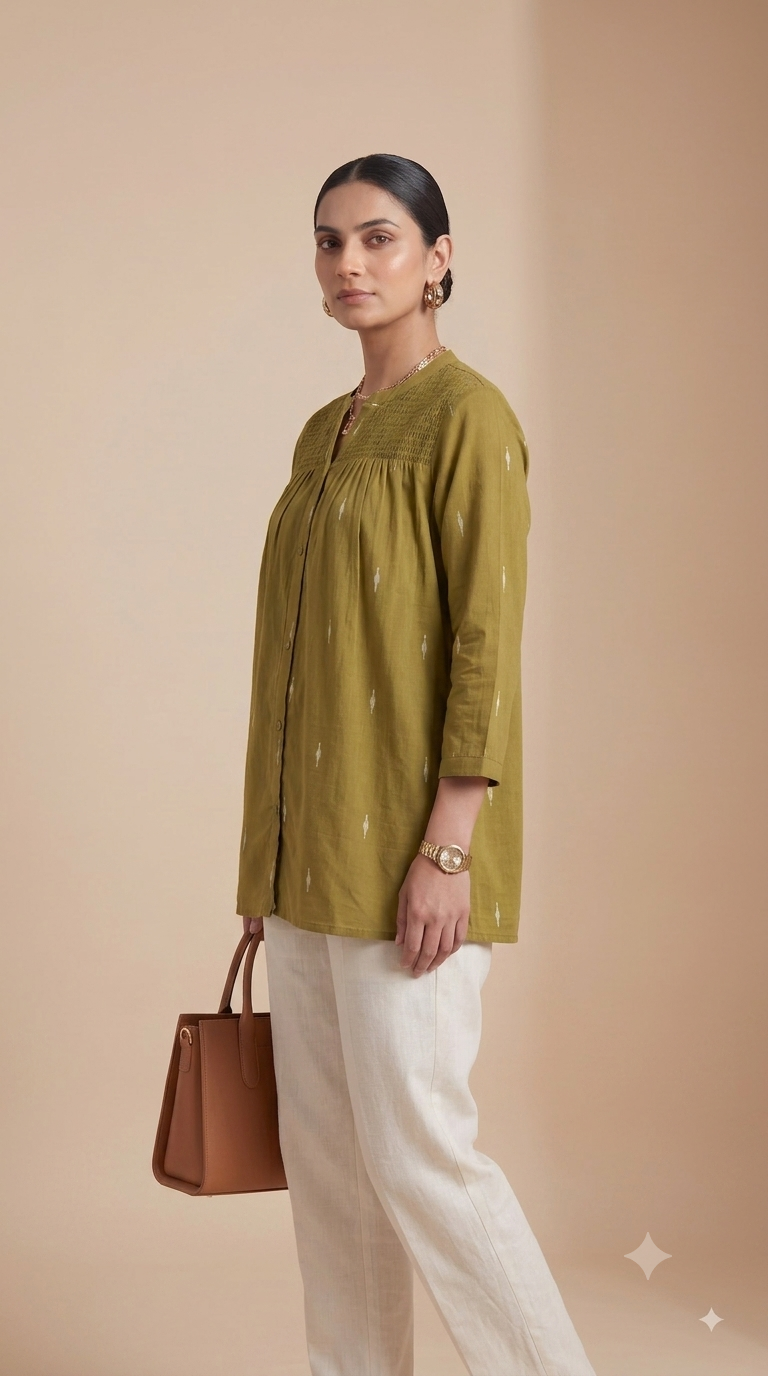 Olive Ikat Gathered Yoke Tunic Top