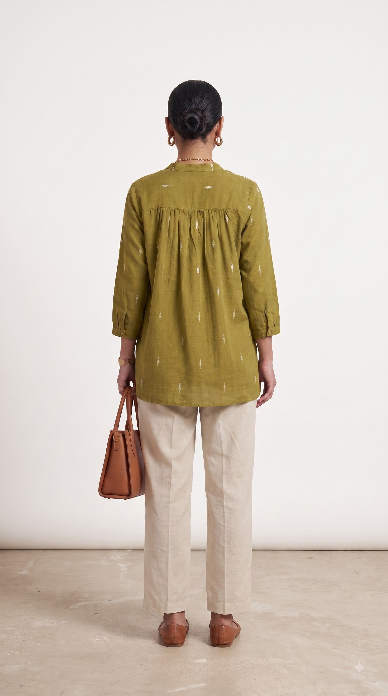 Olive Ikat Gathered Yoke Tunic Top