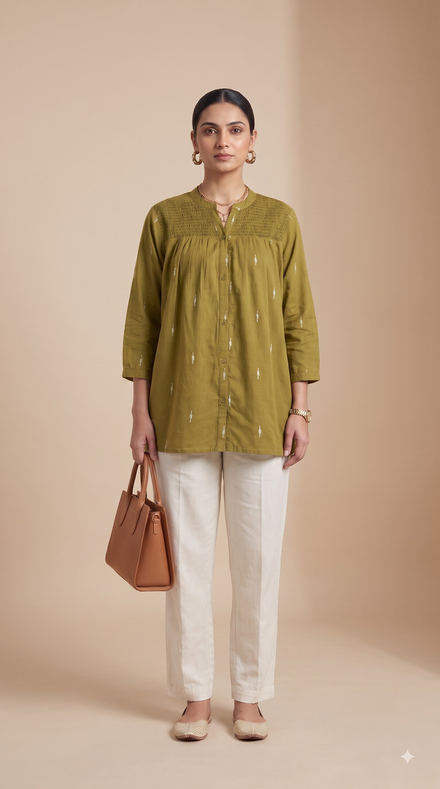 Olive Ikat Gathered Yoke Tunic Top