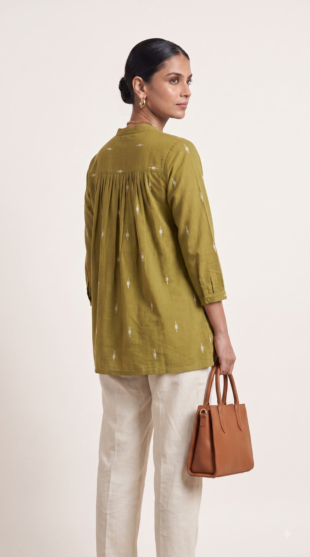 Olive Ikat Gathered Yoke Tunic Top