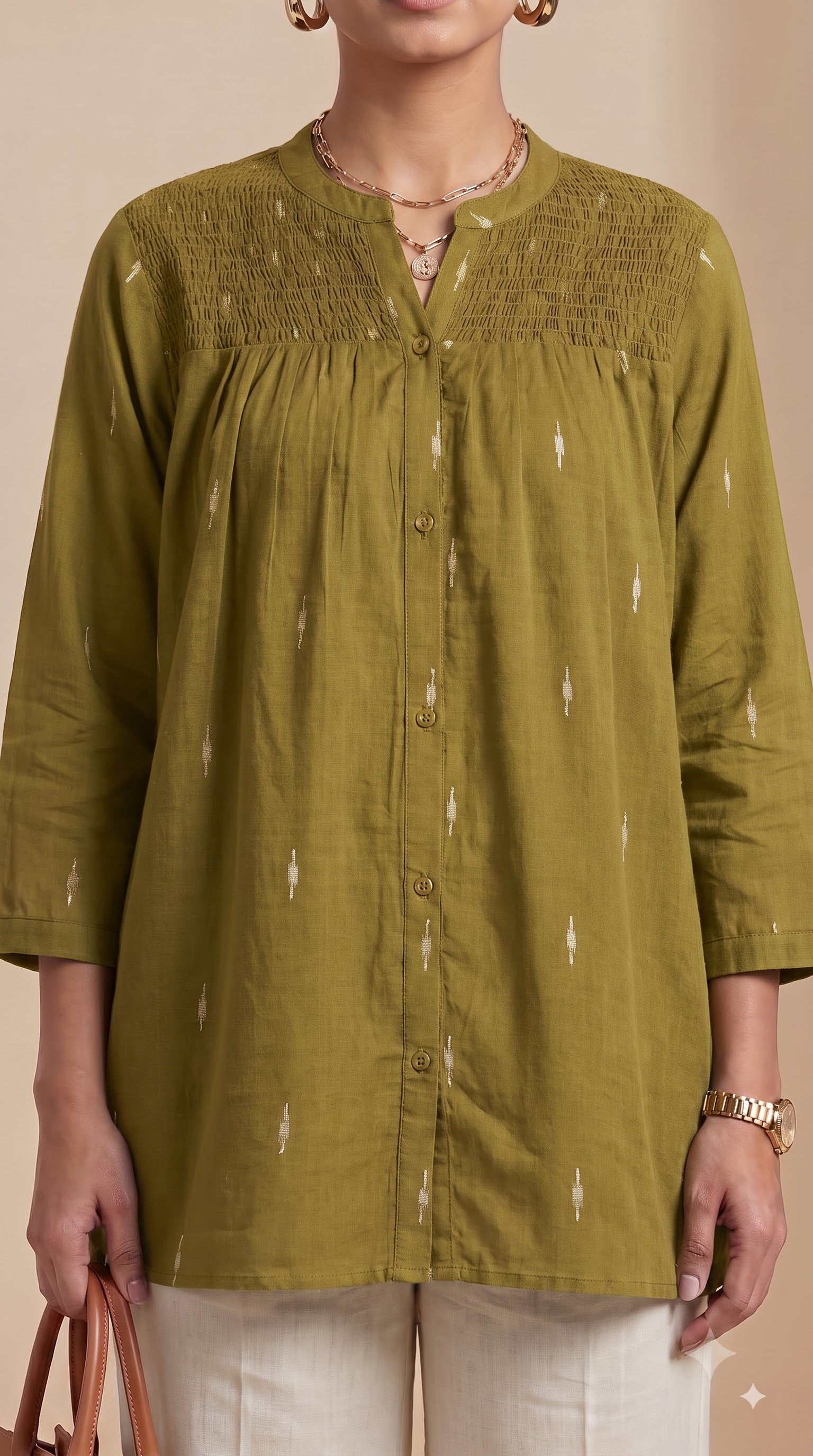 Olive Ikat Gathered Yoke Tunic Top