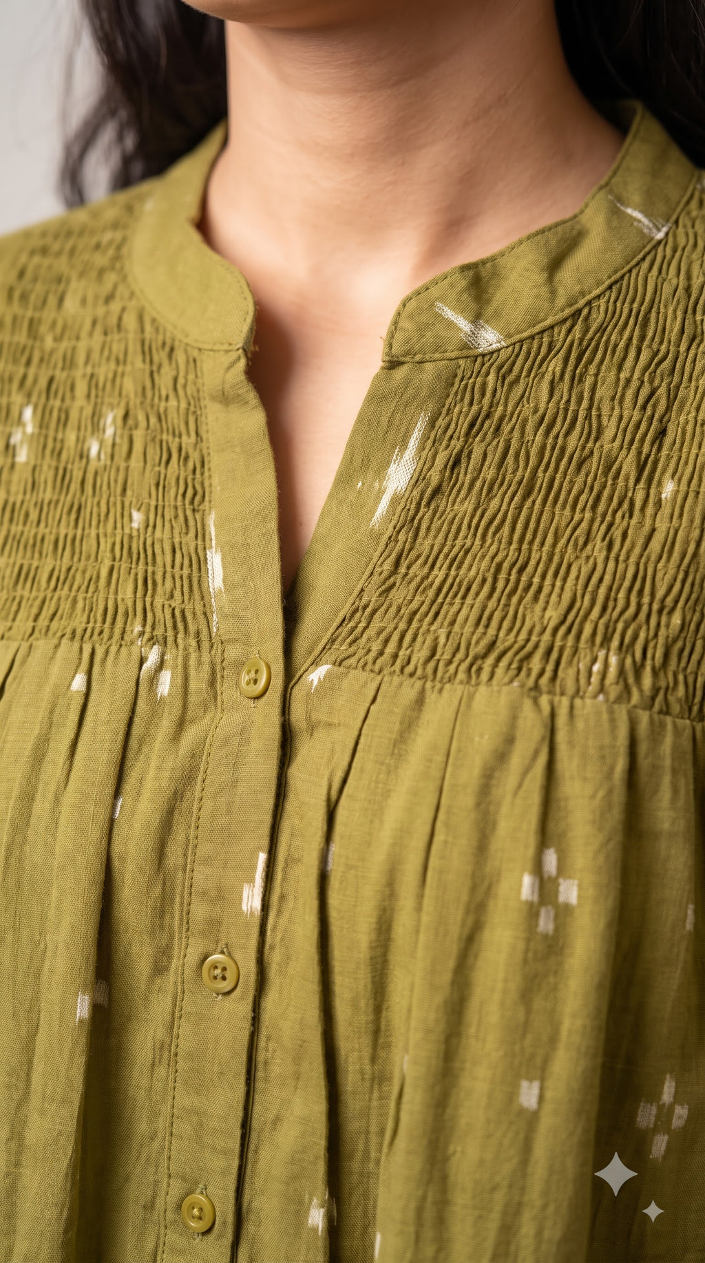 Olive Ikat Gathered Yoke Tunic Top