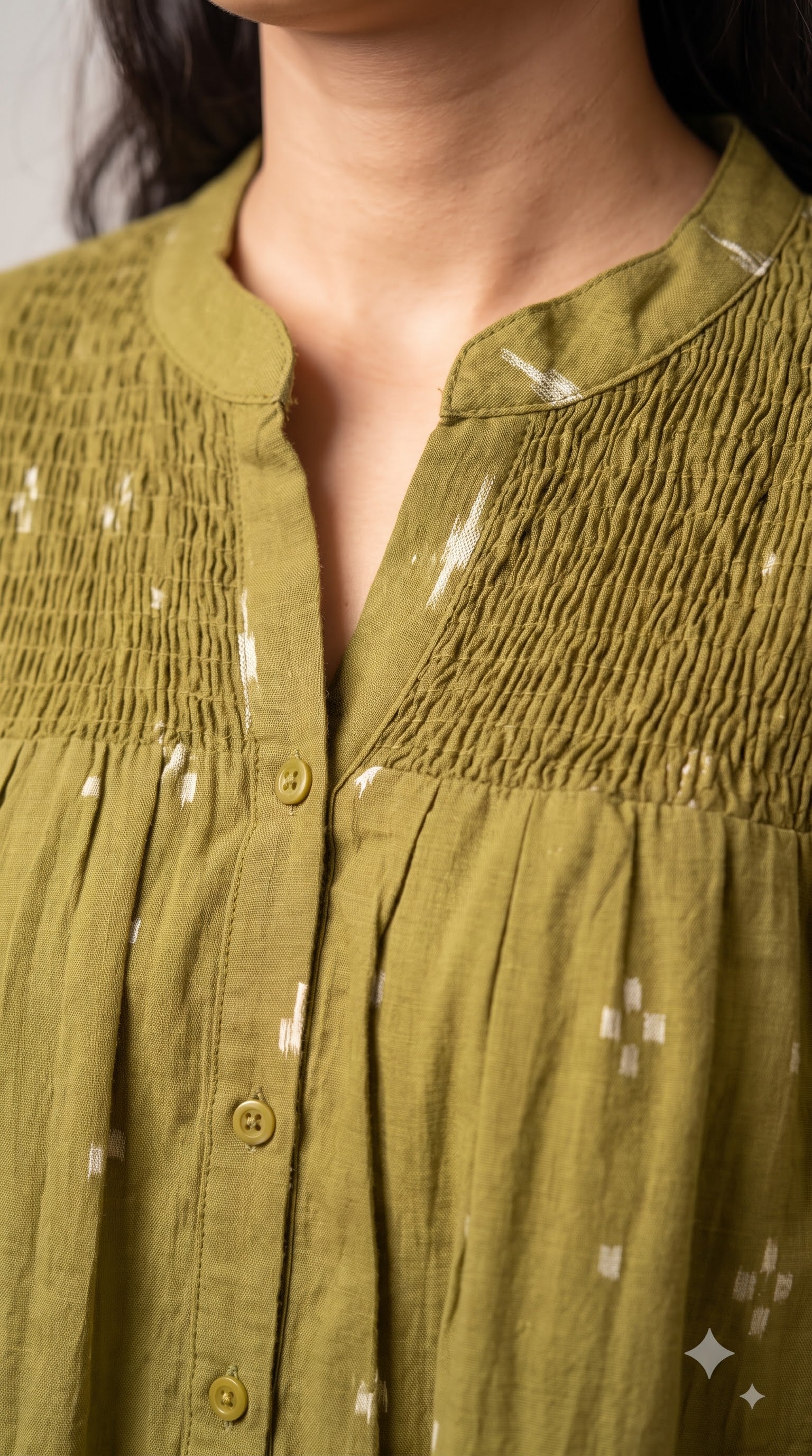 Olive Ikat Gathered Yoke Tunic Top