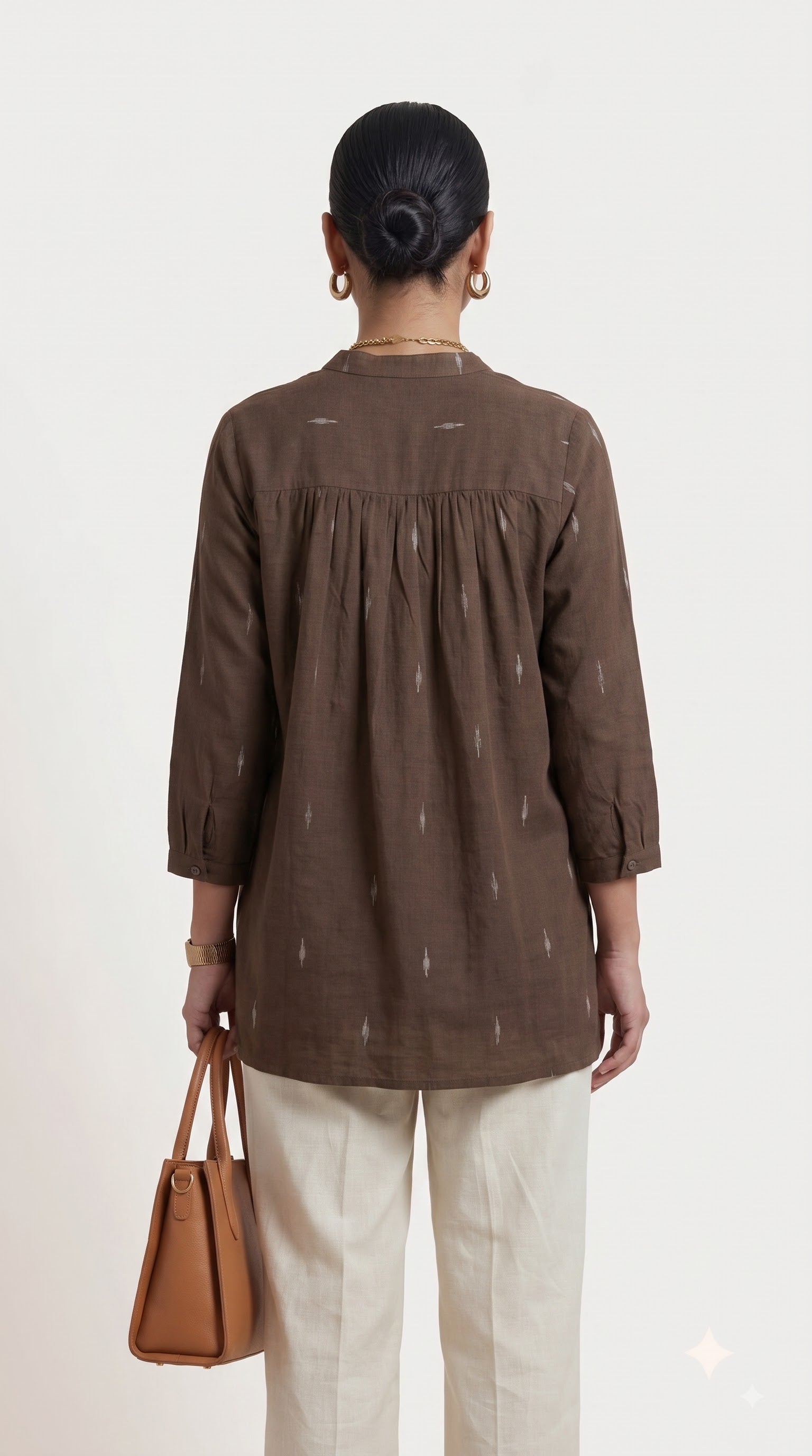 Brown Ikat Gathered Yoke Tunic Top