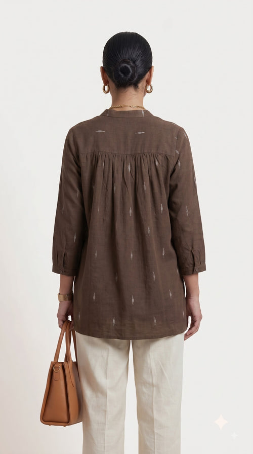 Brown Ikat Gathered Yoke Tunic Top
