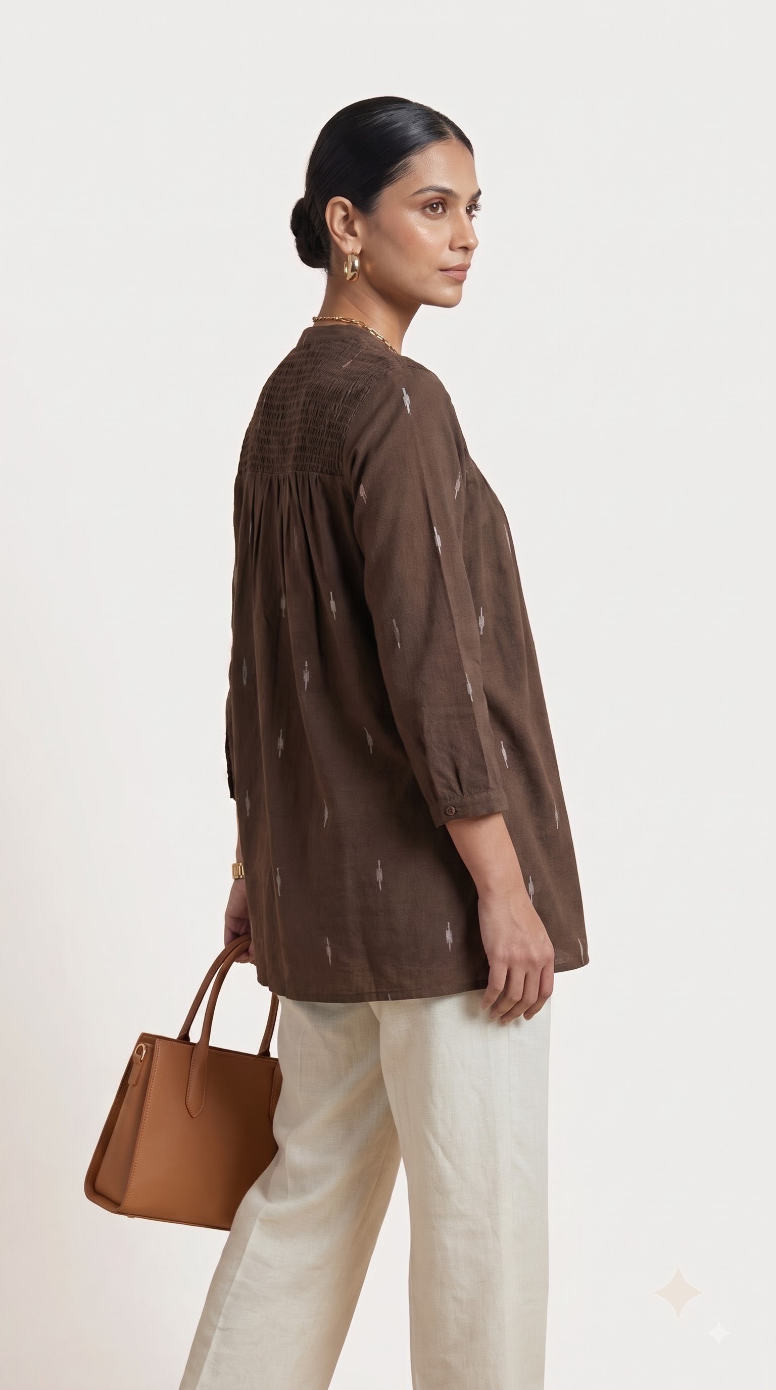 Brown Ikat Gathered Yoke Tunic Top