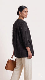 Black Gathered Yoke Tunic Cotton Top