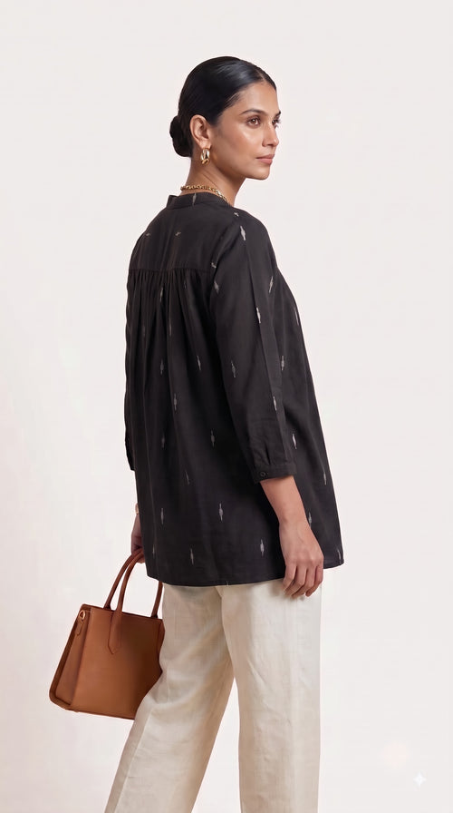 Black Gathered Yoke Tunic Cotton Top
