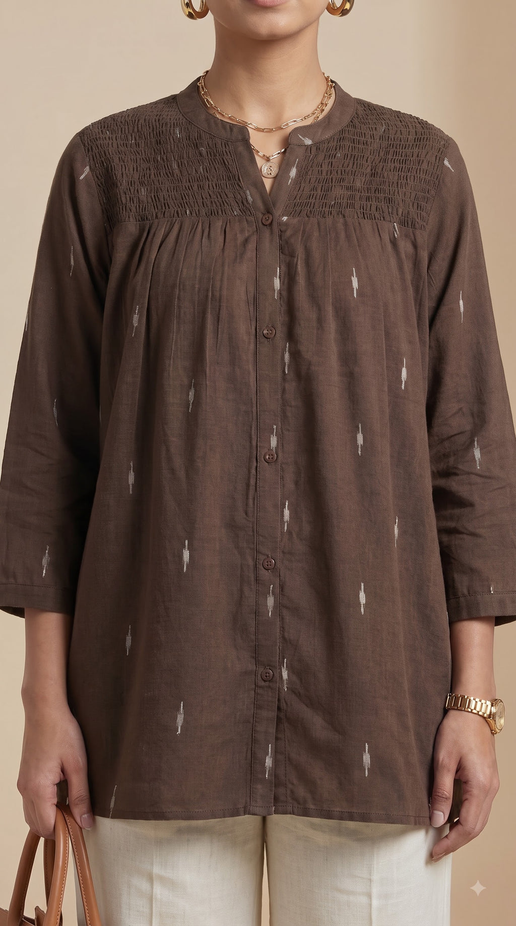 Brown Ikat Gathered Yoke Tunic Top