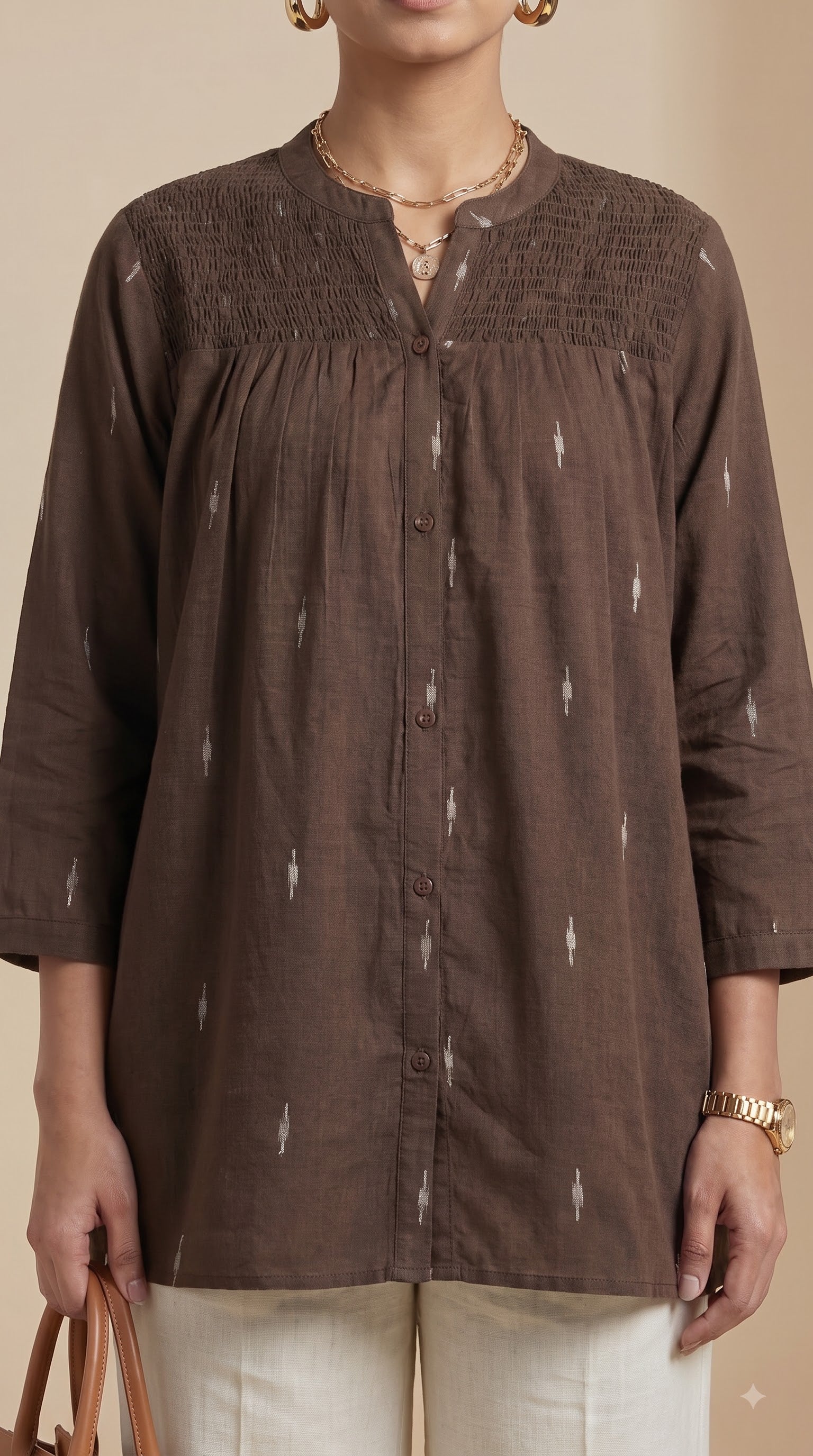 Brown Ikat Gathered Yoke Tunic Top