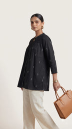Black Gathered Yoke Tunic Cotton Top