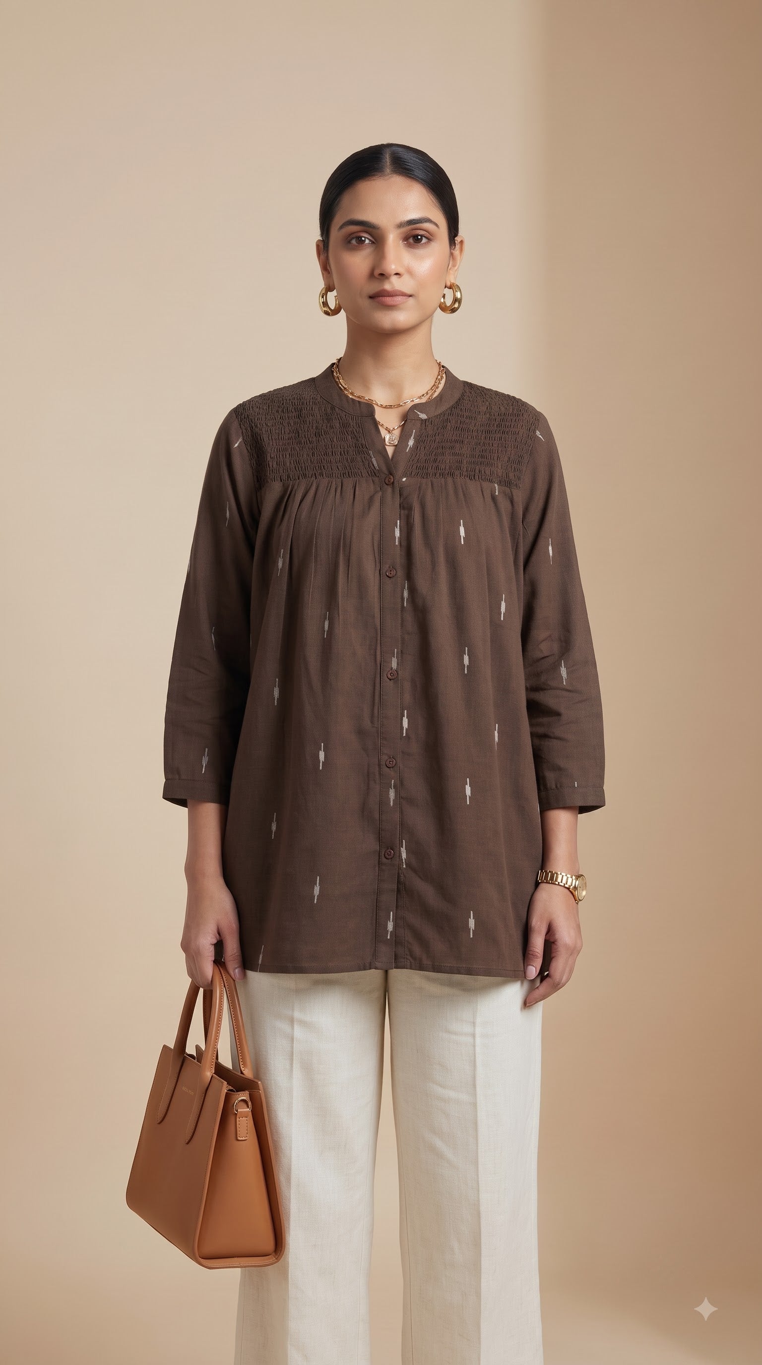 Brown Ikat Gathered Yoke Tunic Top