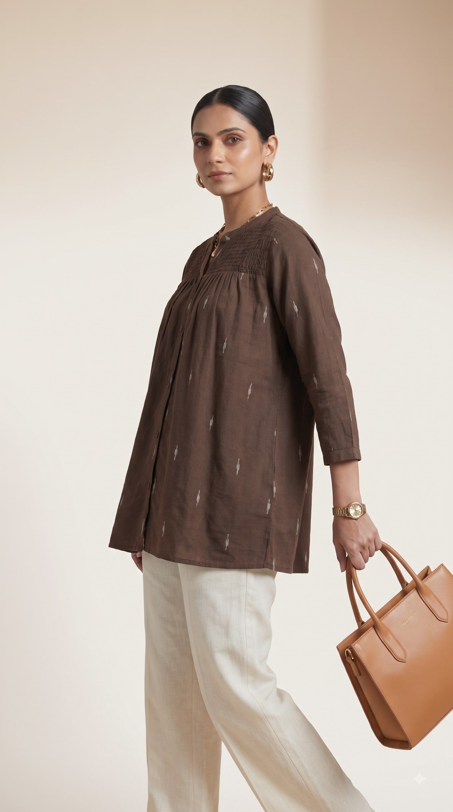 Brown Ikat Gathered Yoke Tunic Top