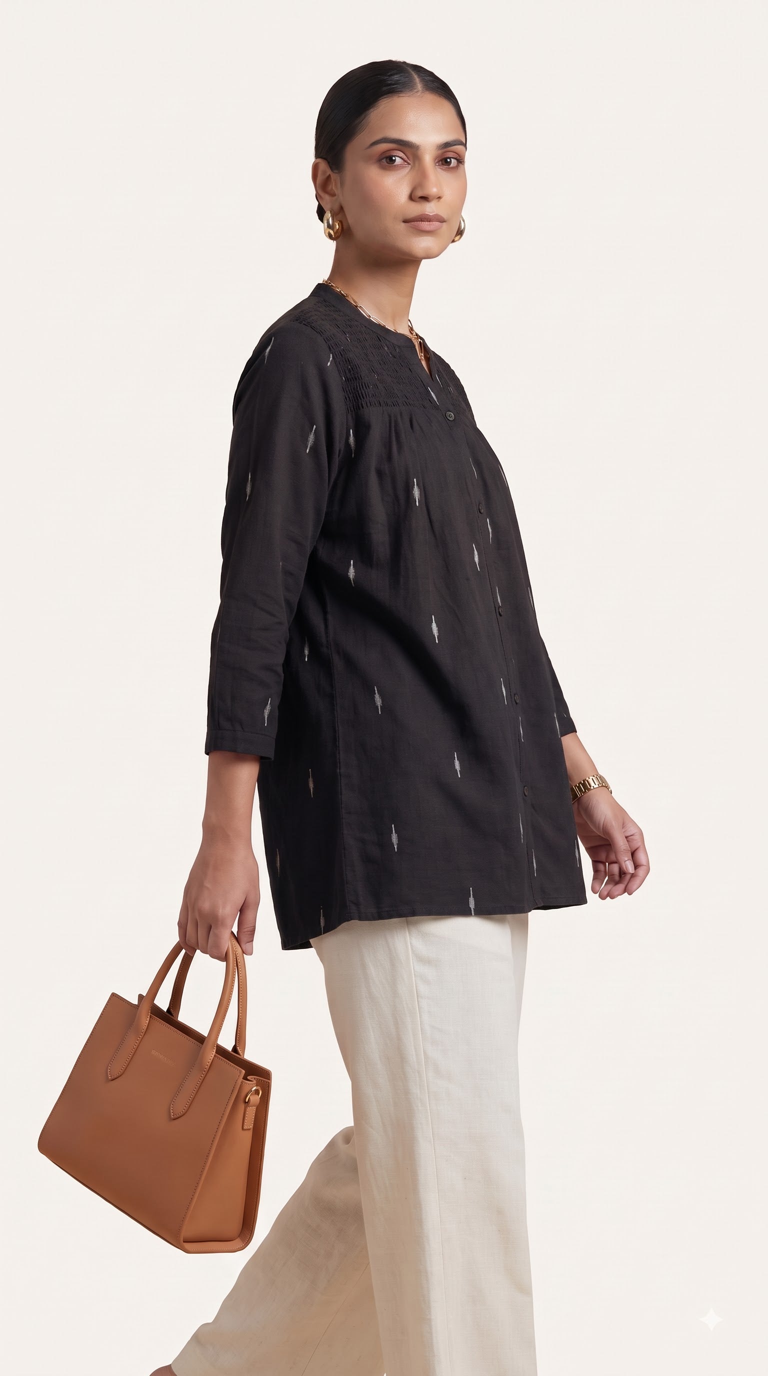 Black Gathered Yoke Tunic Cotton Top