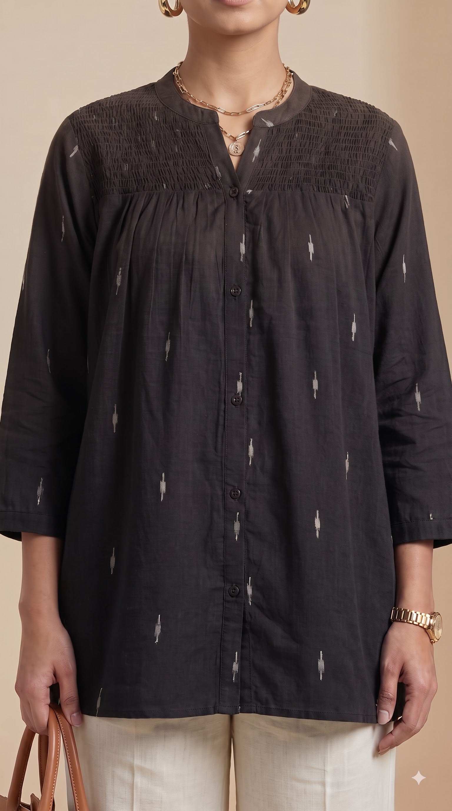 Black Gathered Yoke Tunic Cotton Top