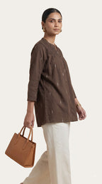 Brown Ikat Gathered Yoke Tunic Top