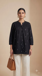 Black Gathered Yoke Tunic Cotton Top