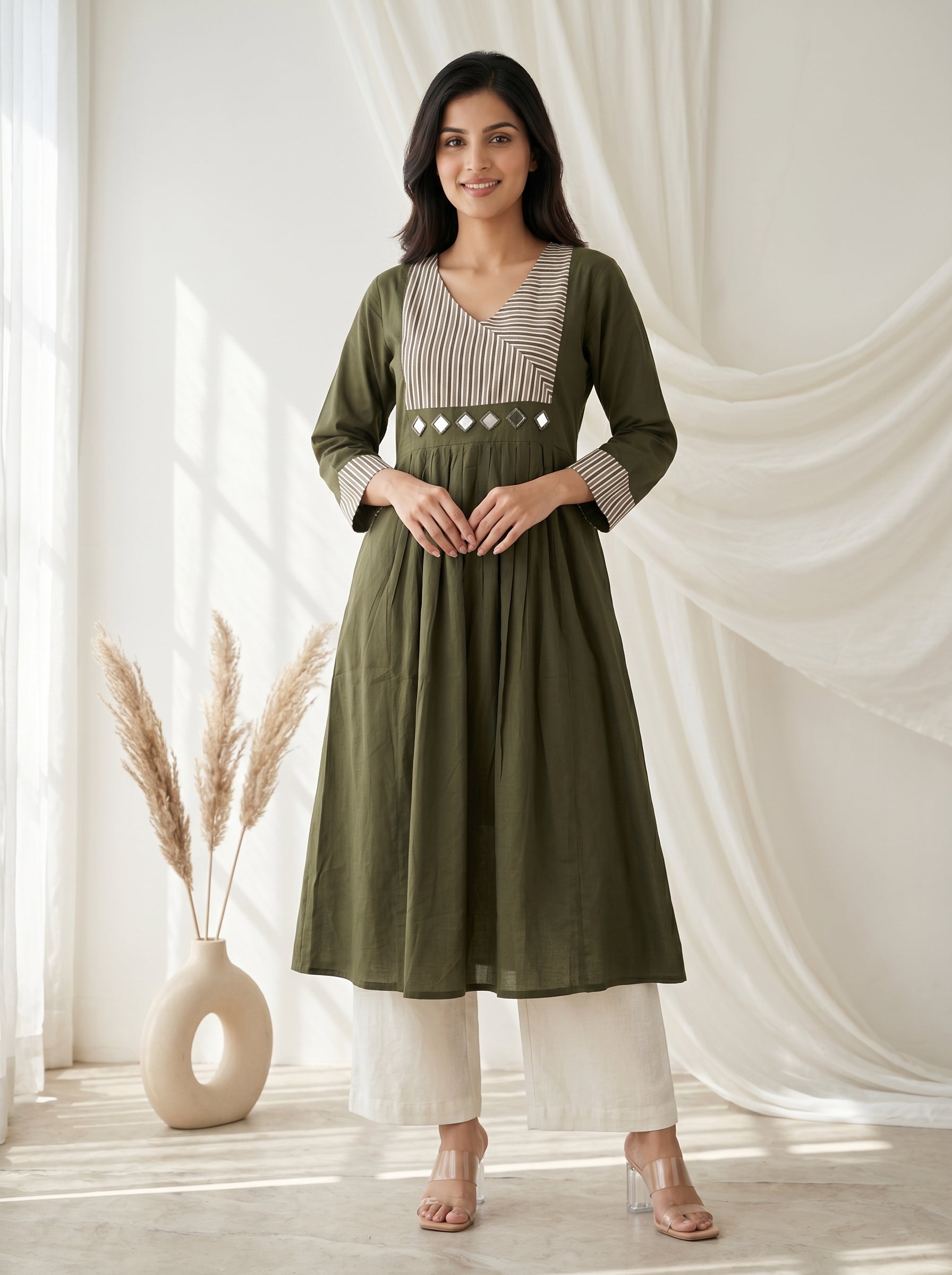 Olive Green Striped Yoke A-Line Kurta
