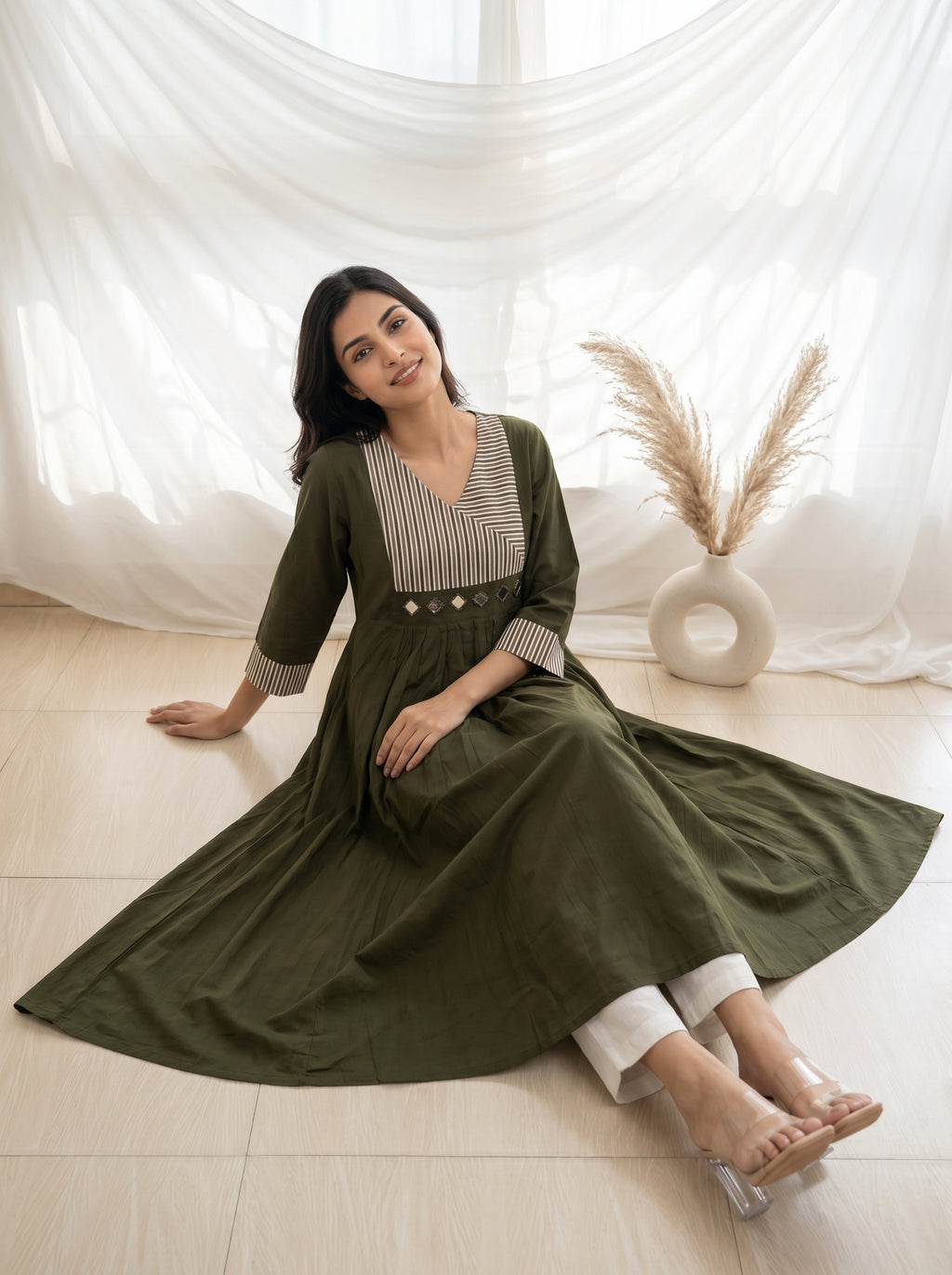 Olive Green Striped Yoke A-Line Kurta