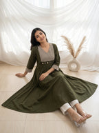 Olive Green Striped Yoke A-Line Kurta