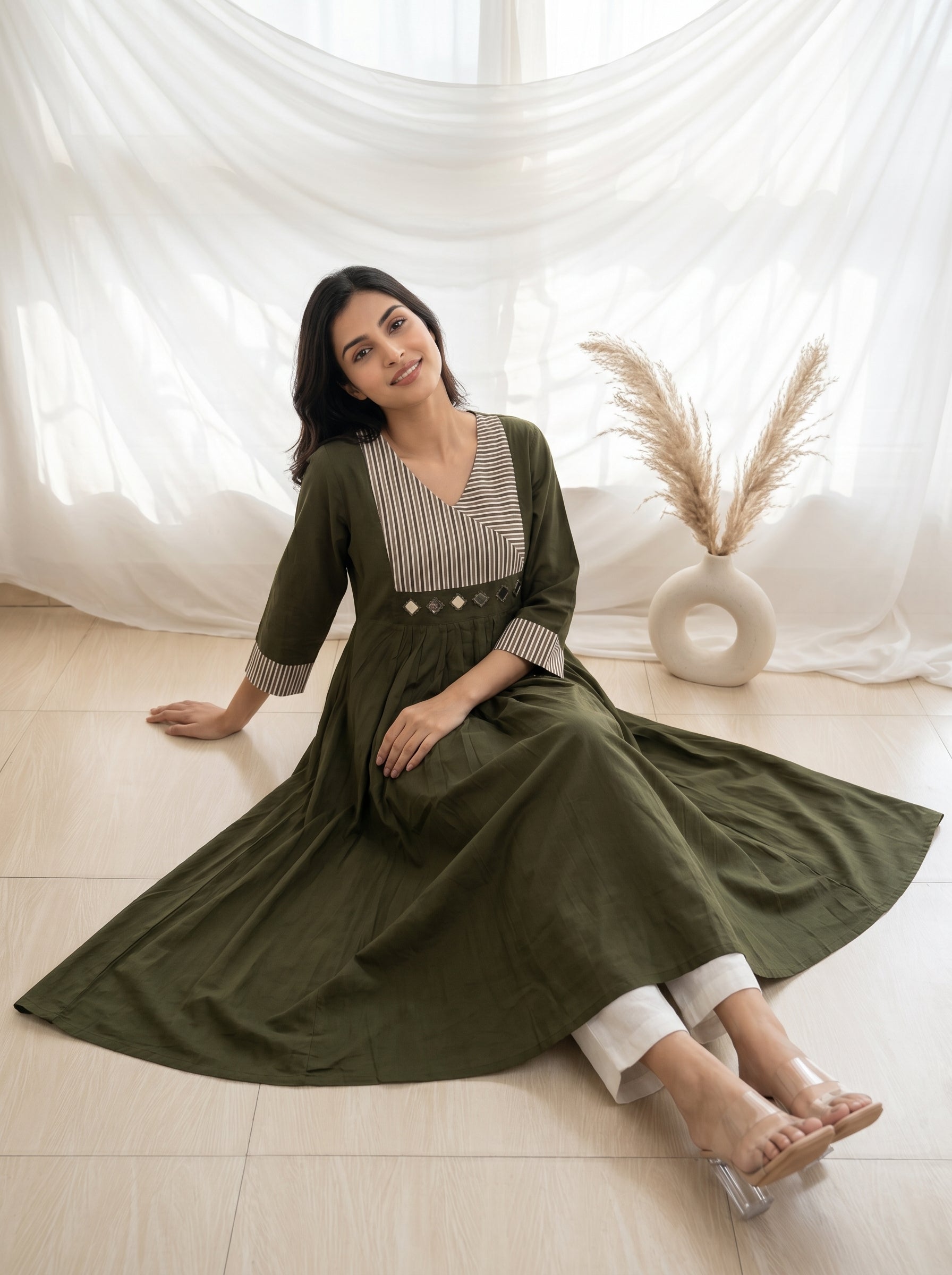 Olive Green Striped Yoke A-Line Kurta