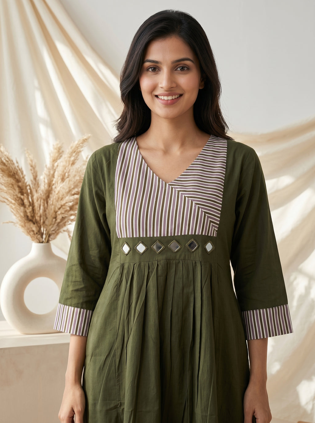 Olive Green Striped Yoke A-Line Kurta