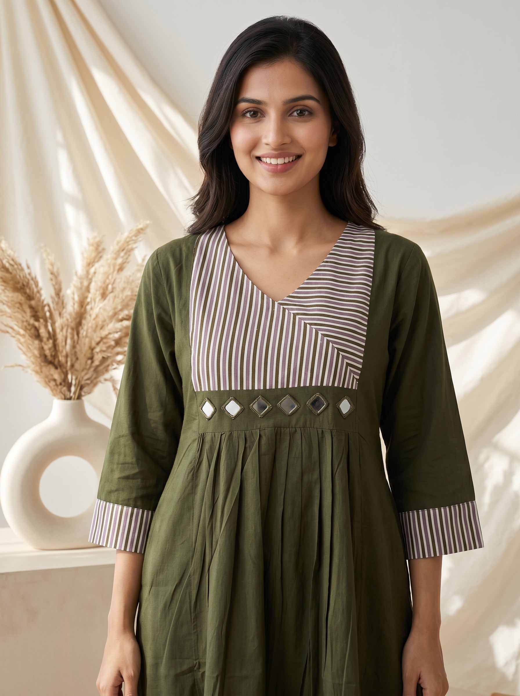 Olive Green Striped Yoke A-Line Kurta