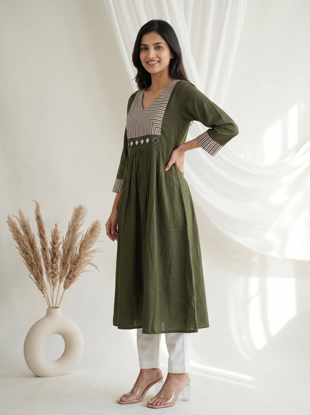 Olive Green Striped Yoke A-Line Kurta