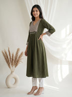 Olive Green Striped Yoke A-Line Kurta